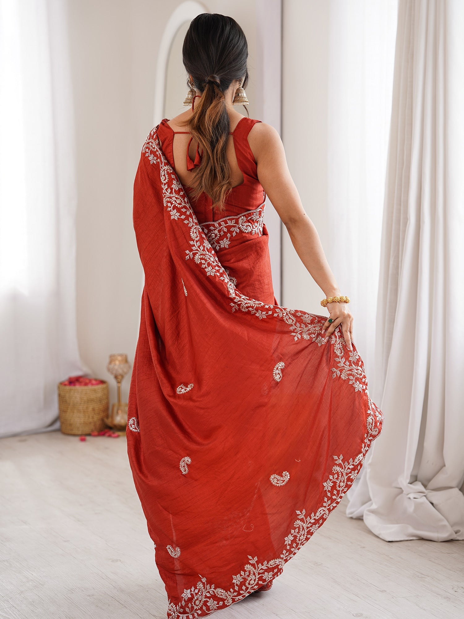 Rust Orange Georgette Saree with Scalloped Embroidery - Ressa