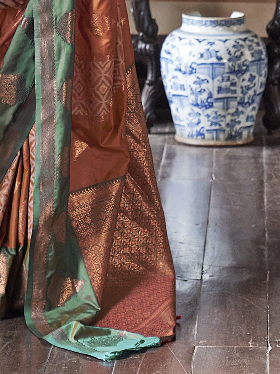 Rust Orange & Green Silk Blend Heritage Banarasi Style Saree - Ressa
