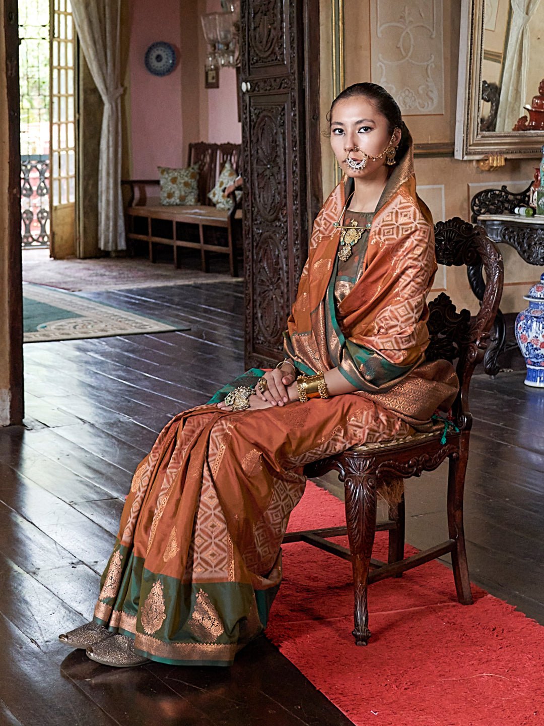 Rust Orange & Green Silk Blend Heritage Banarasi Style Saree - Ressa