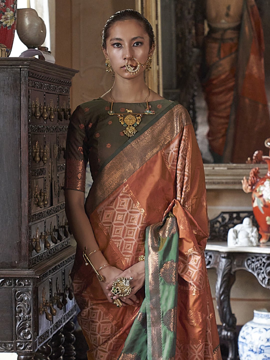 Rust Orange & Green Silk Blend Heritage Banarasi Style Saree - Ressa