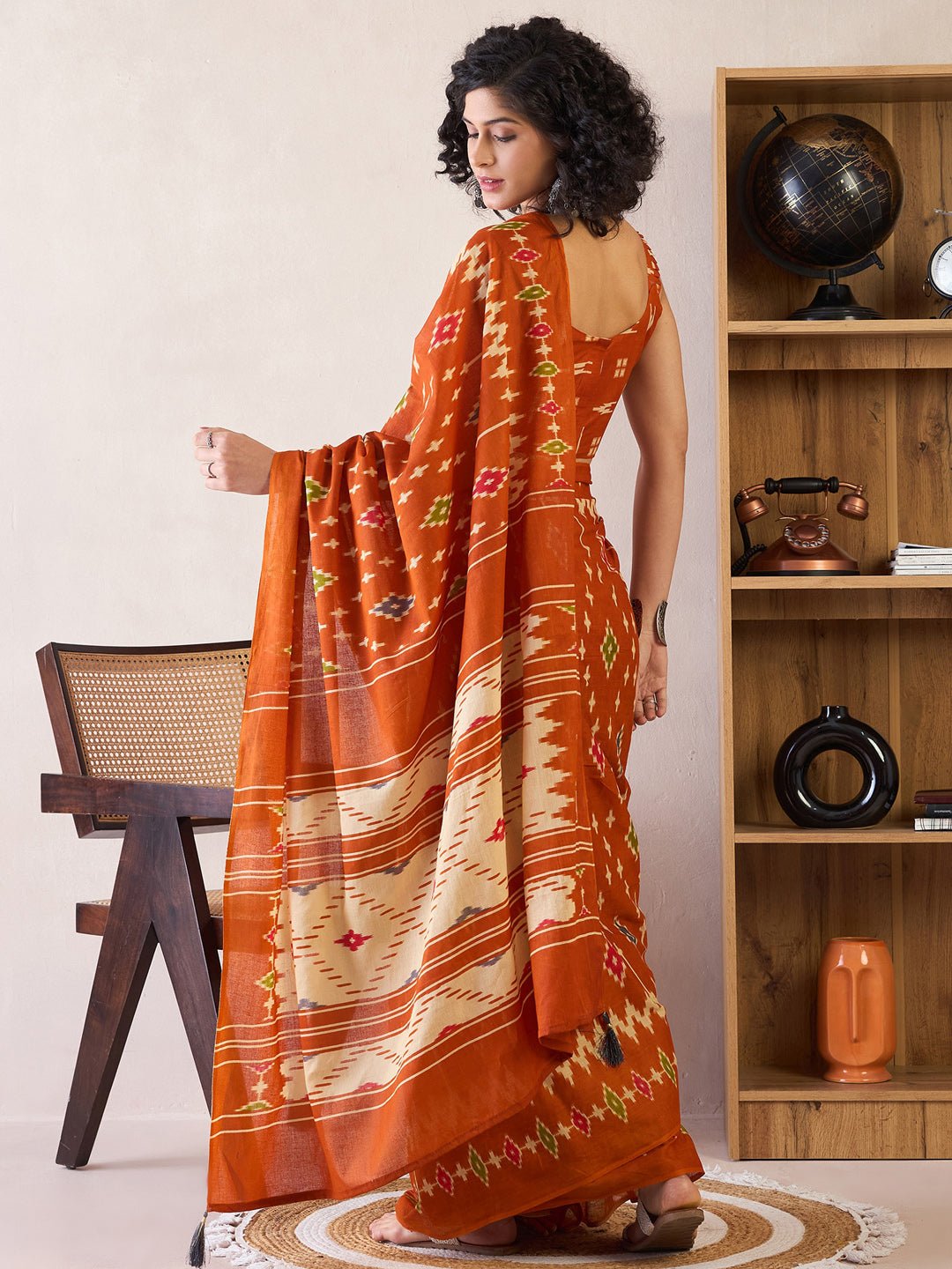 Rust Orange Ikat Cotton Saree - Ressa