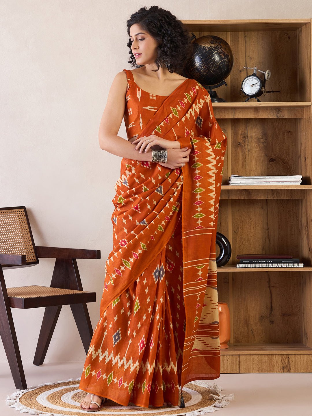 Rust Orange Ikat Cotton Saree - Ressa