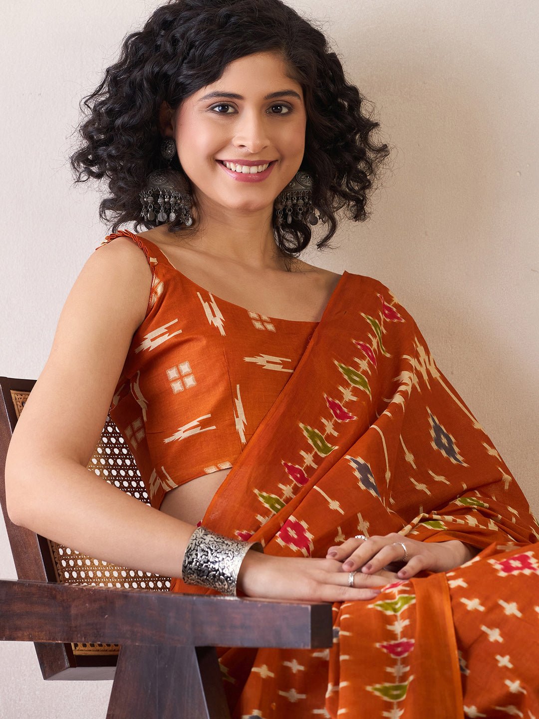 Rust Orange Ikat Cotton Saree - Ressa