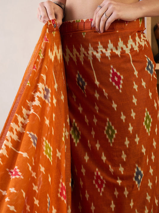 Rust Orange Ikat Cotton Saree - Ressa