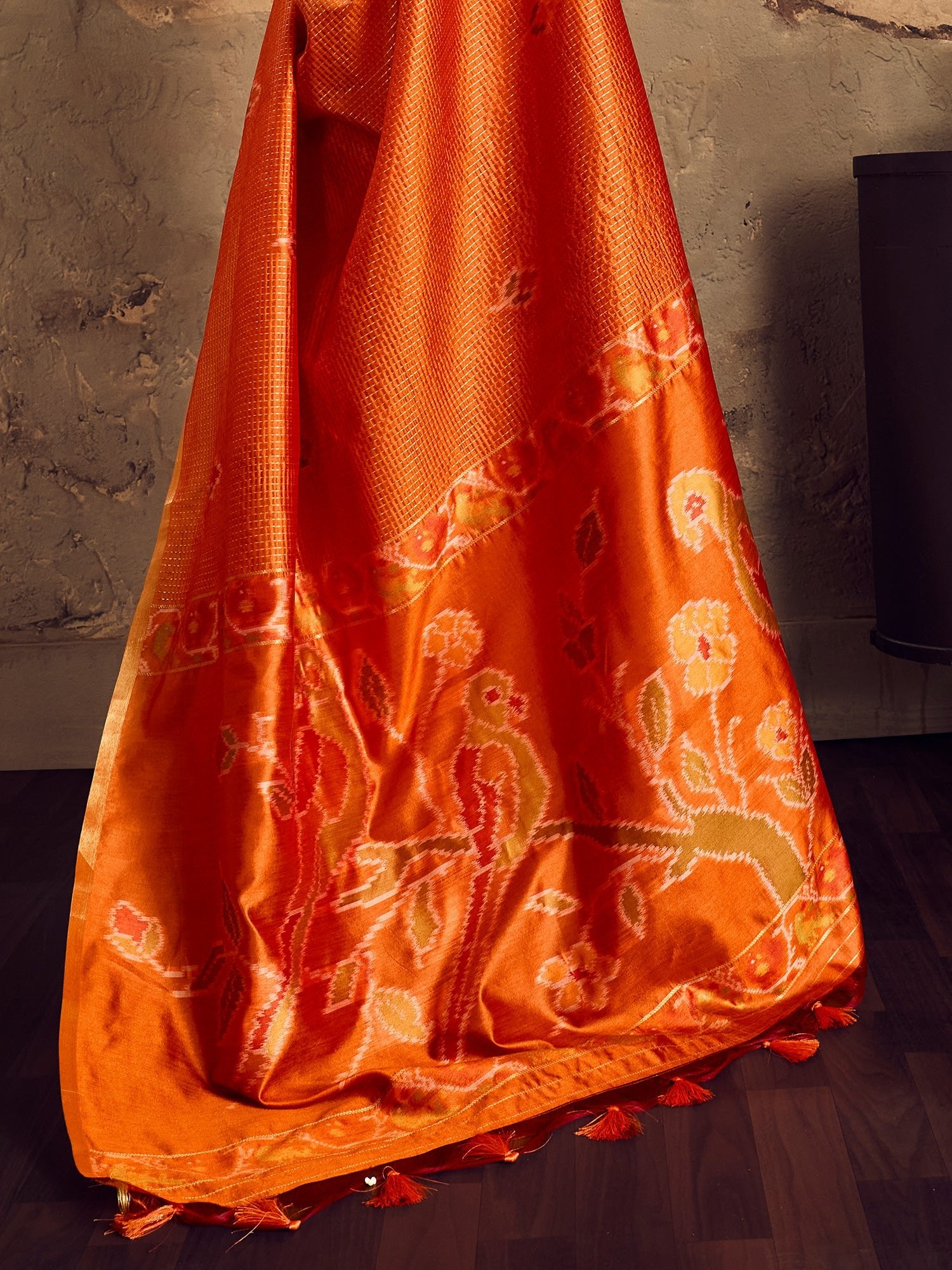 Rust Orange Ikat Patola Silk Blend Saree with Zari Border - Ressa