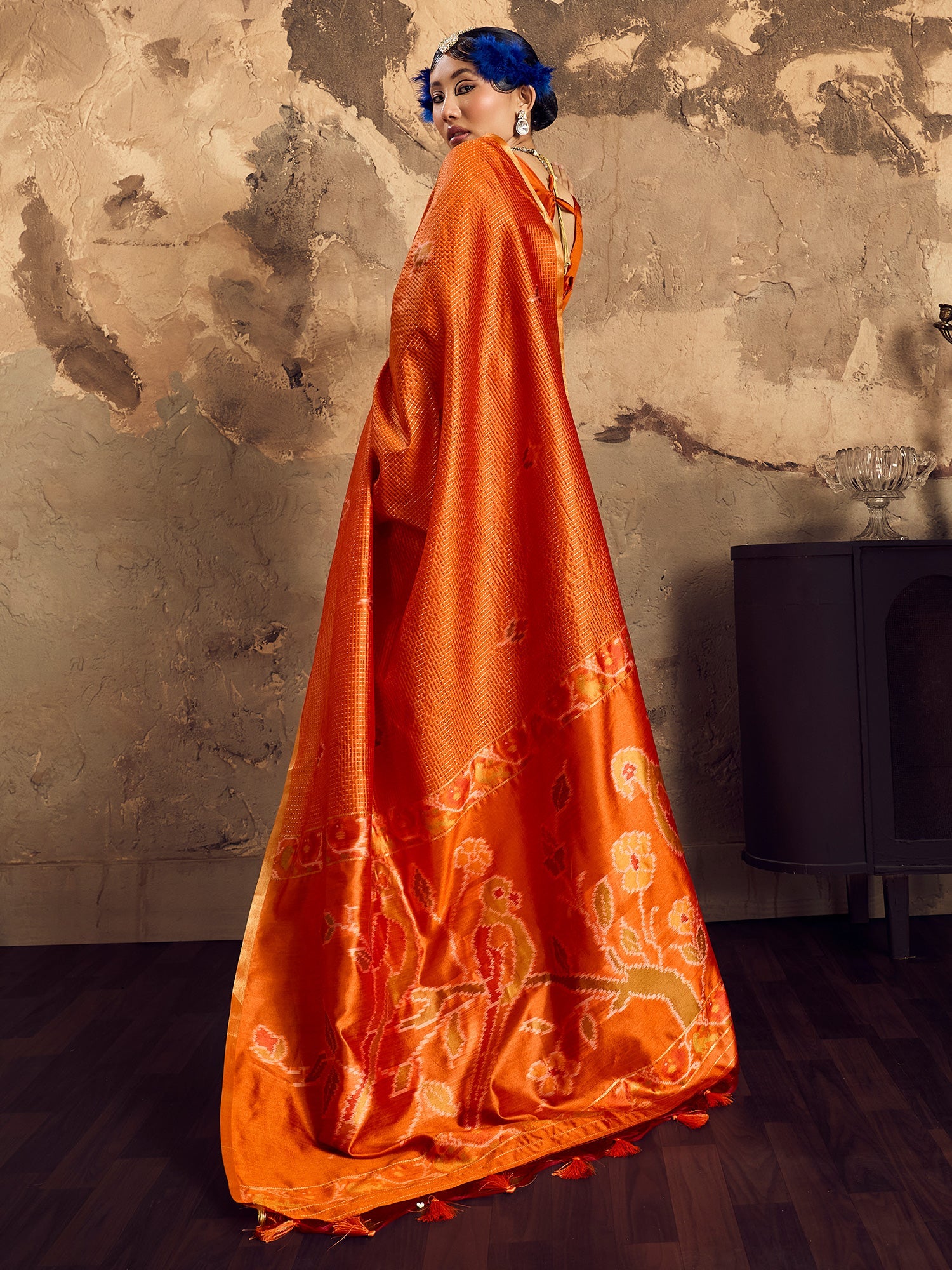 Rust Orange Ikat Patola Silk Blend Saree with Zari Border - Ressa