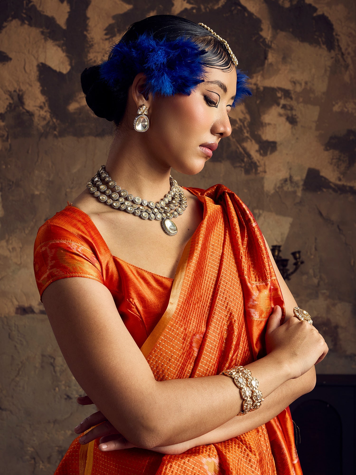 Rust Orange Ikat Patola Silk Blend Saree with Zari Border - Ressa
