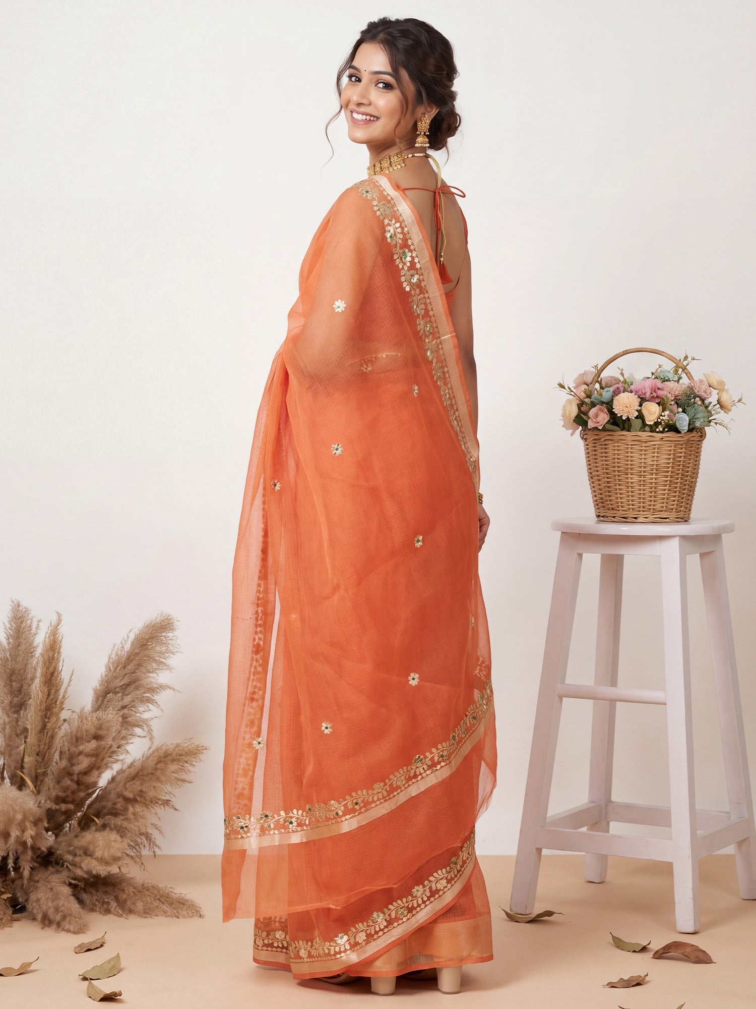 Rust Orange Kota Doria Cotton Saree with Gota Patti Border - Ressa