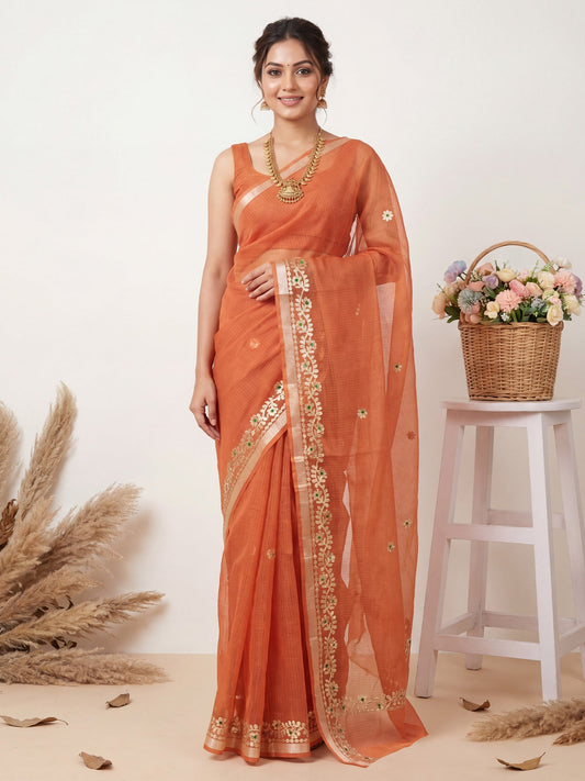 Rust Orange Kota Doria Cotton Saree with Gota Patti Border - Ressa