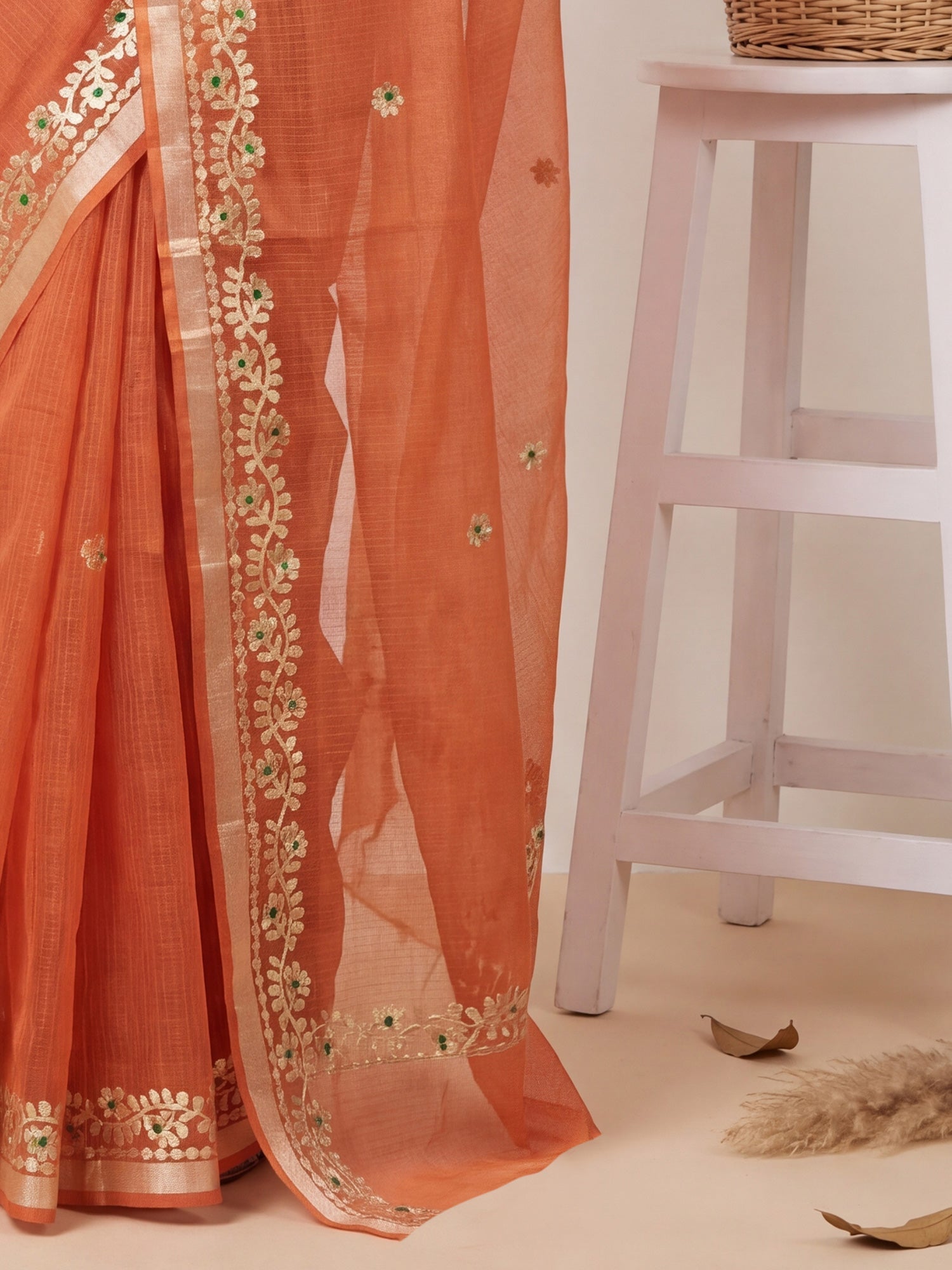 Rust Orange Kota Doria Cotton Saree with Gota Patti Border - Ressa