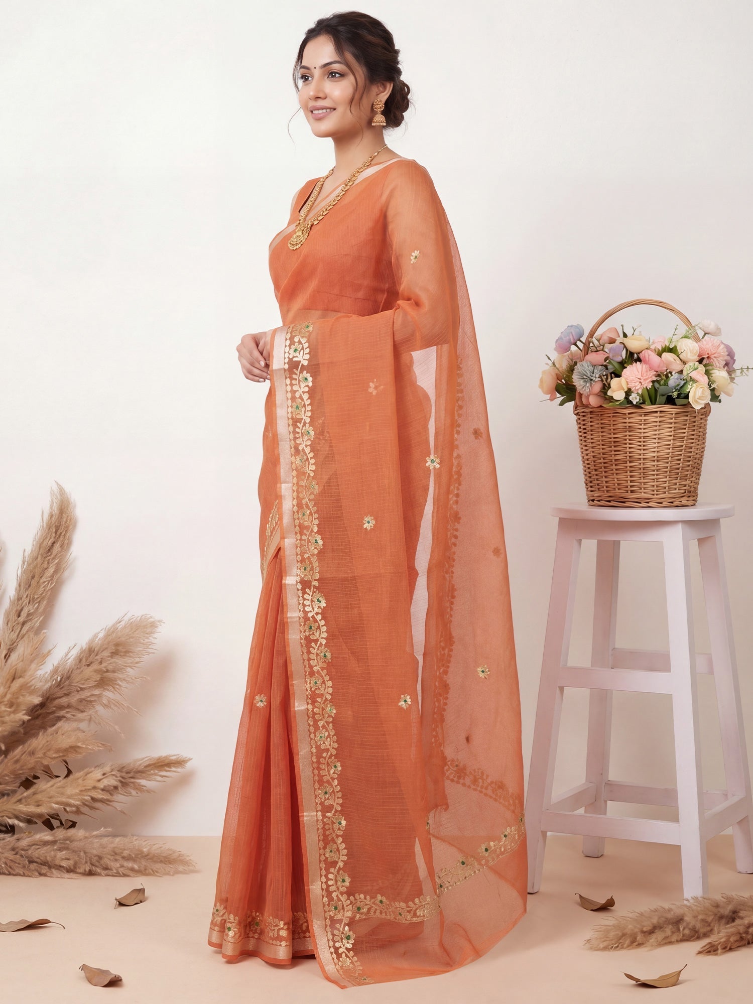 Rust Orange Kota Doria Cotton Saree with Gota Patti Border - Ressa