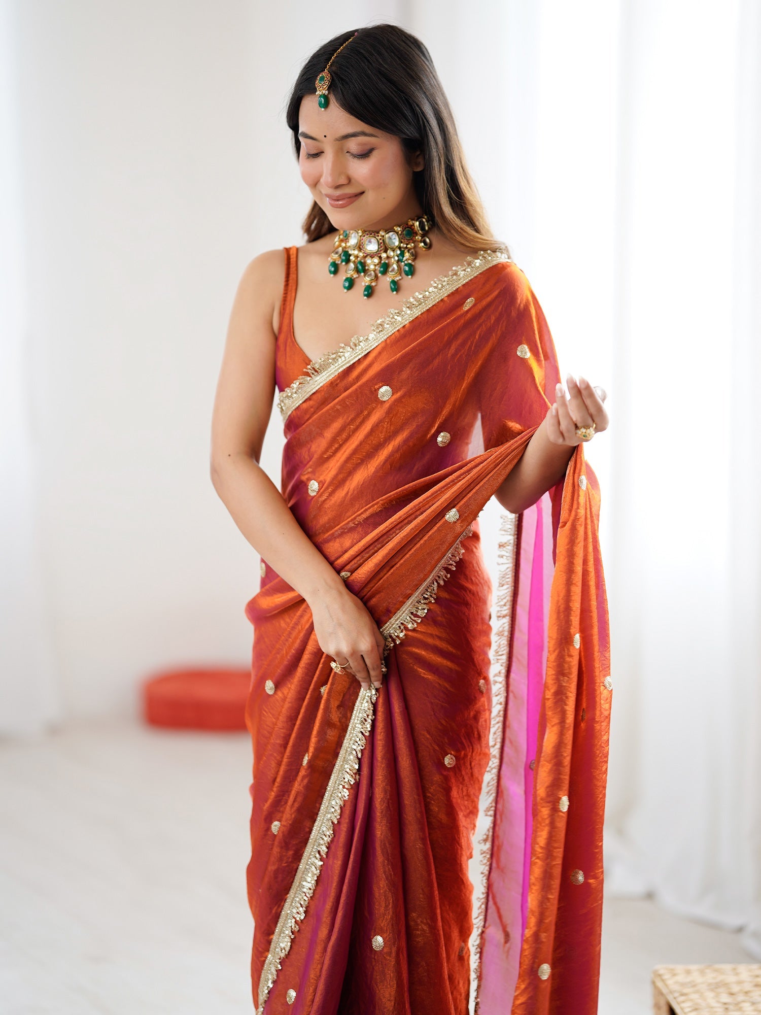 Rust Orange & Magenta Pink Organza Saree - Ressa