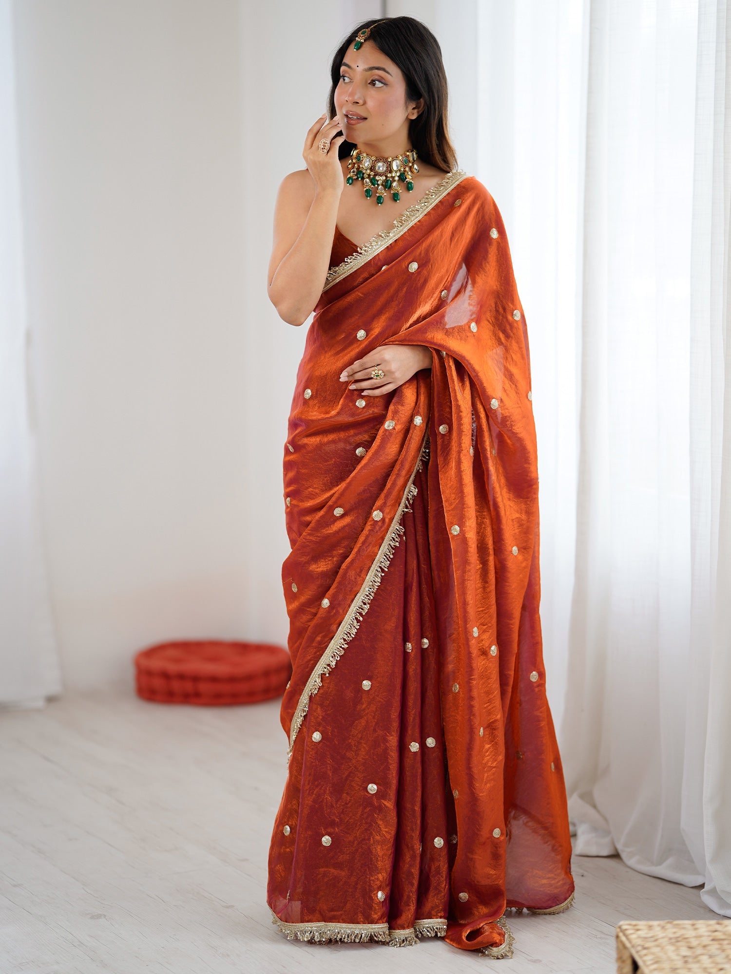 Rust Orange & Magenta Pink Organza Saree - Ressa