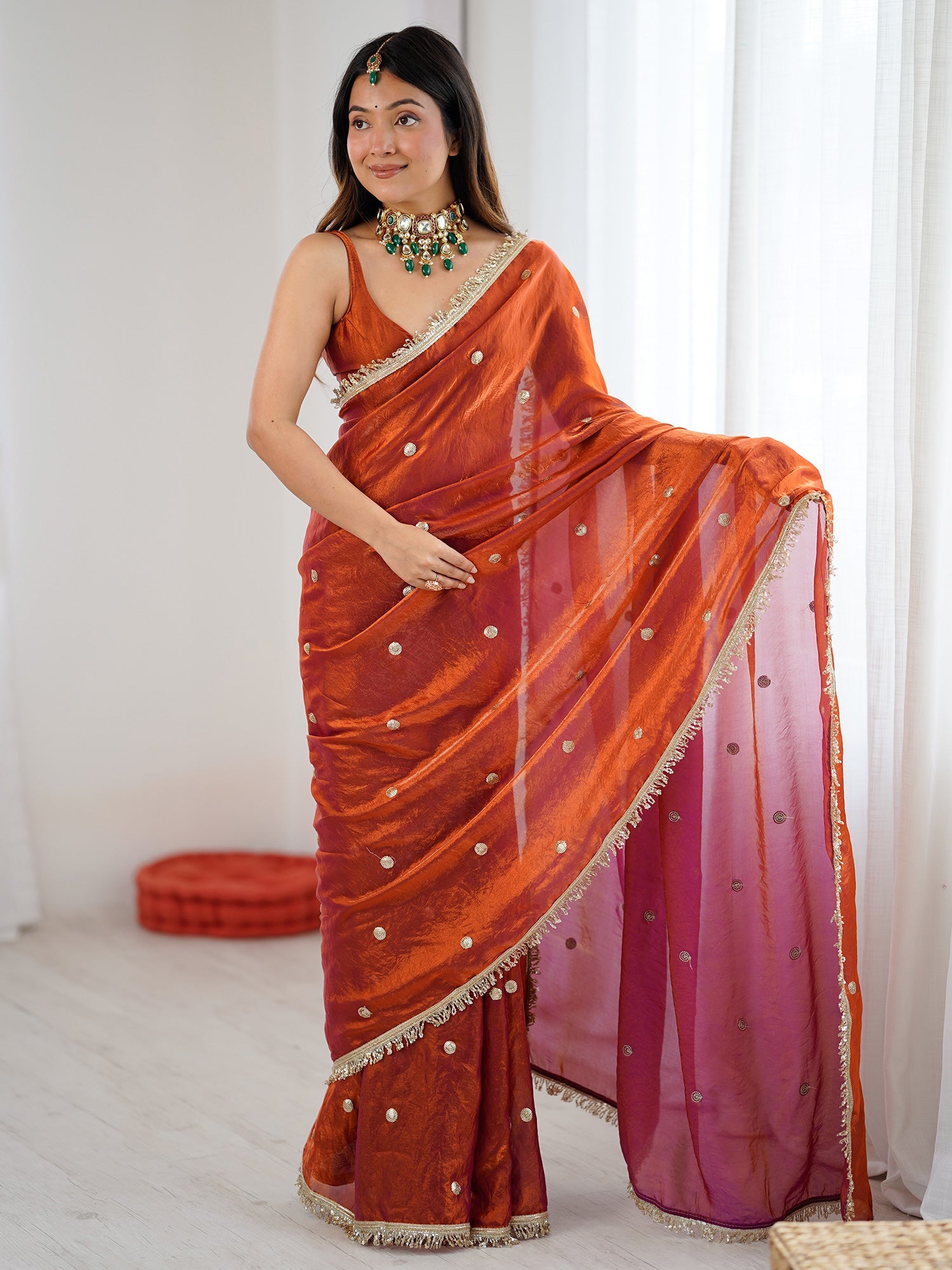 Rust Orange & Magenta Pink Organza Saree - Ressa