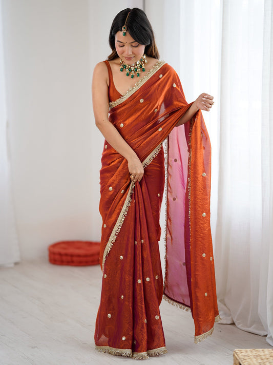 Rust Orange & Magenta Pink Organza Saree - Ressa