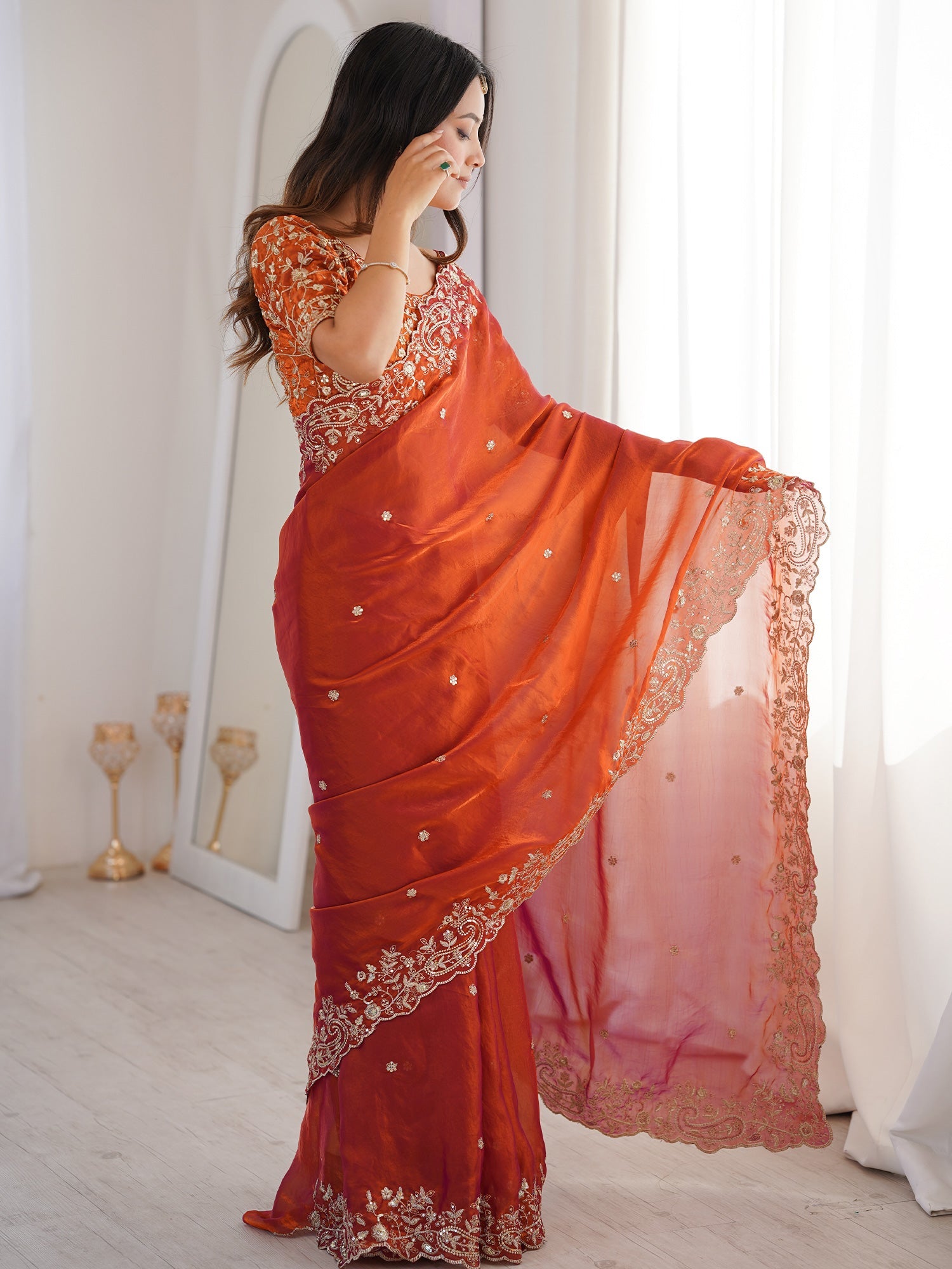 Rust Orange Metallic Tissue Silk Saree - Ressa