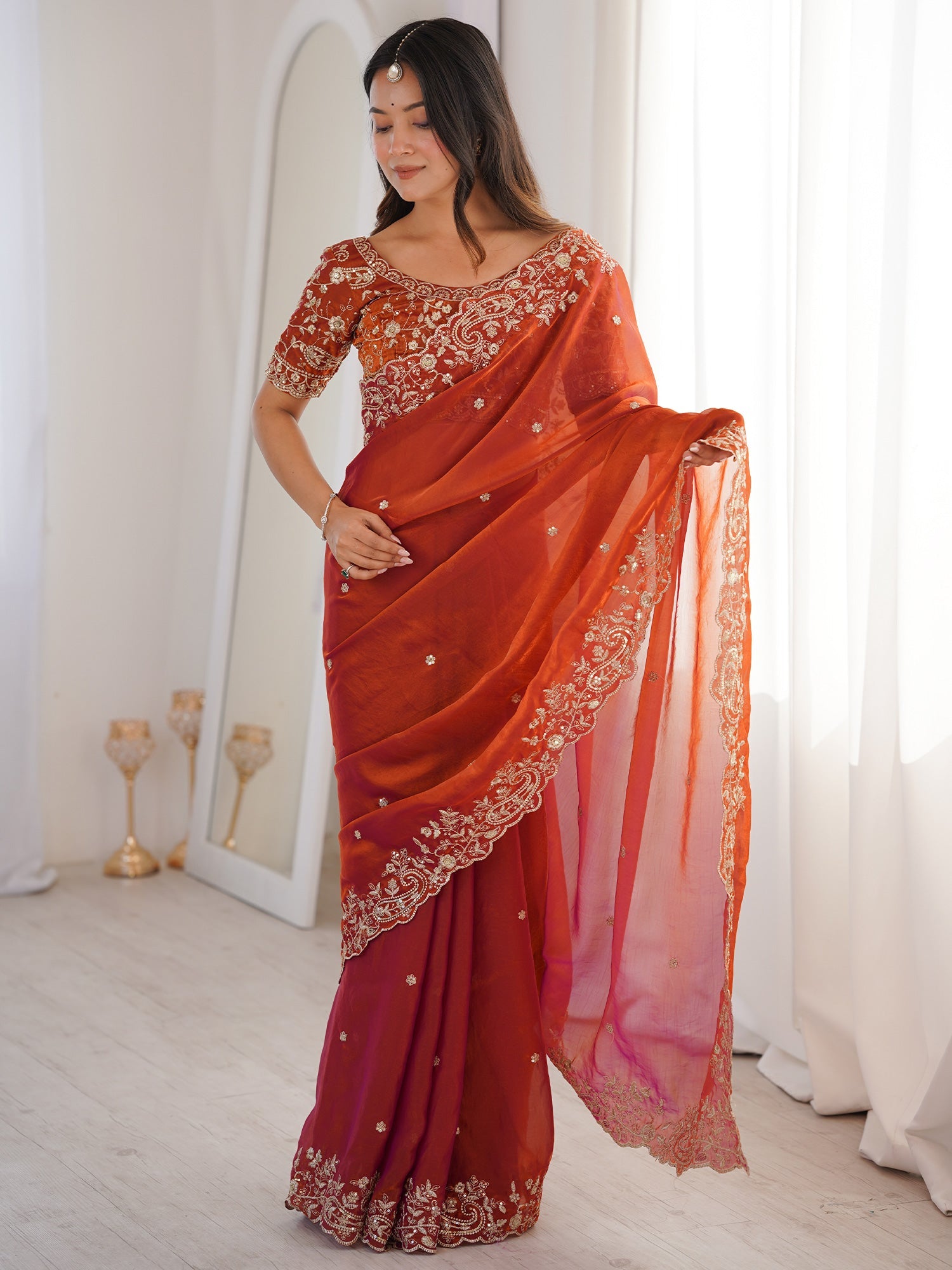 Rust Orange Metallic Tissue Silk Saree - Ressa