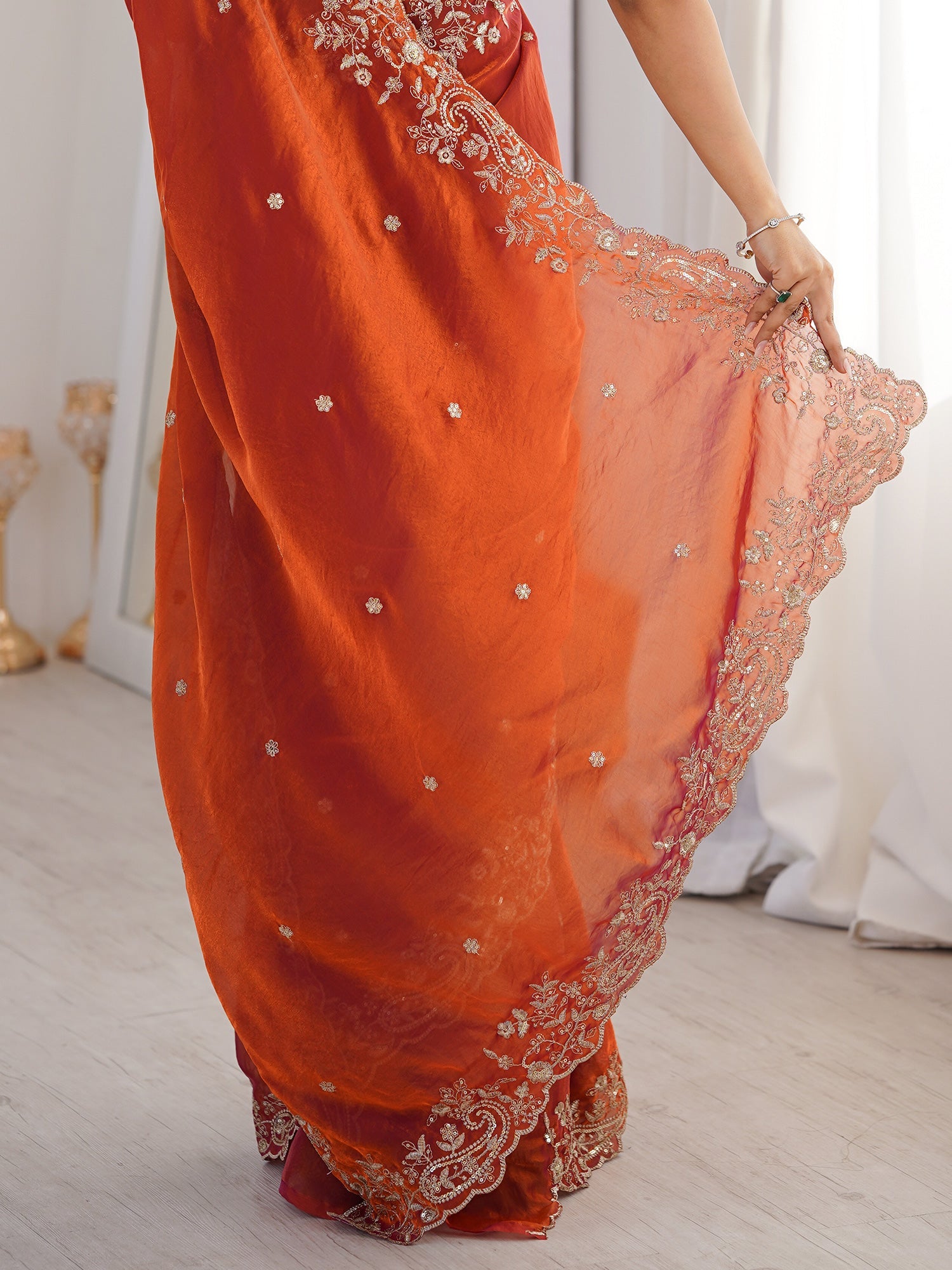 Rust Orange Metallic Tissue Silk Saree - Ressa