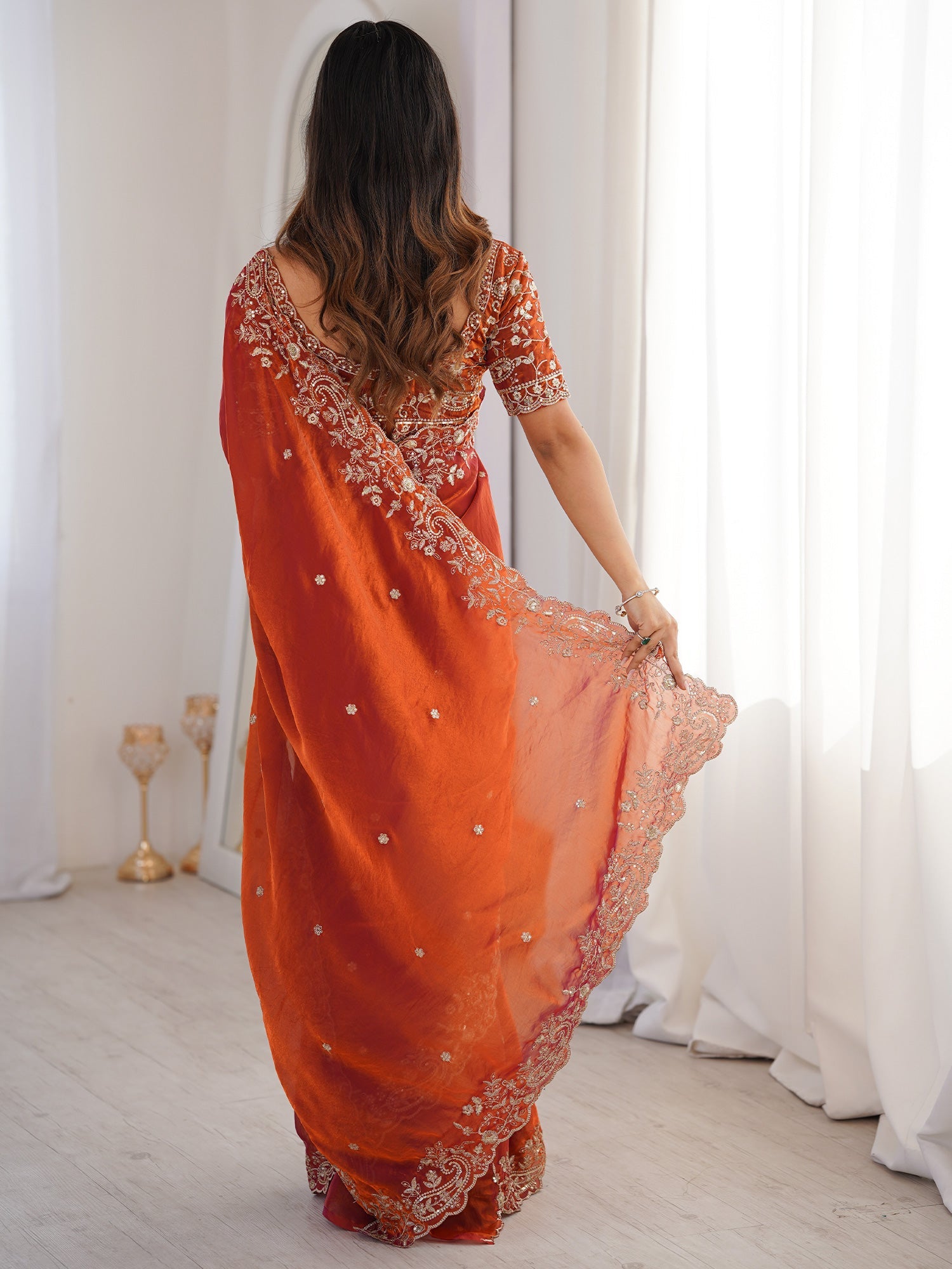 Rust Orange Metallic Tissue Silk Saree - Ressa