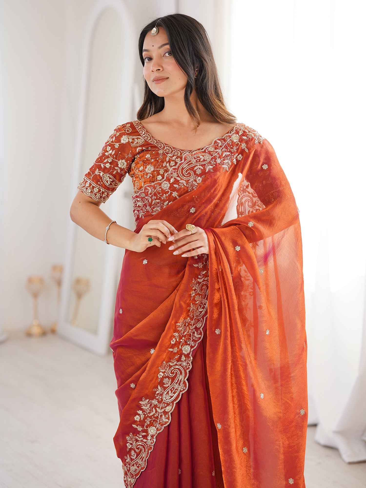 Rust Orange Metallic Tissue Silk Saree - Ressa