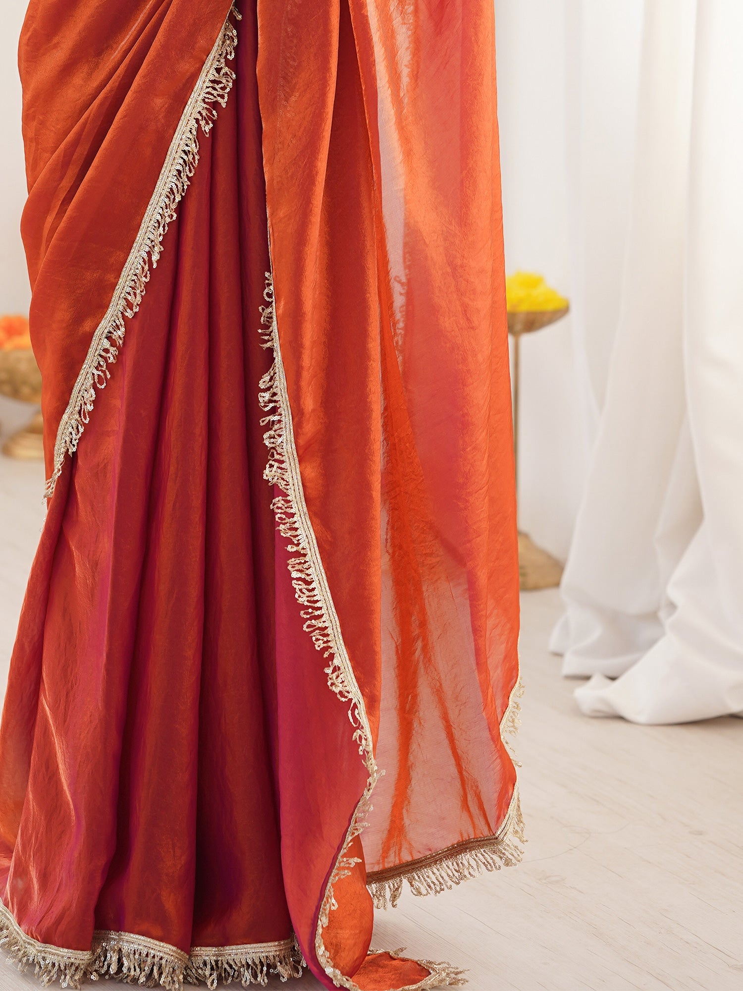 Rust Orange Organza Saree with Gold Fringe Border - Ressa