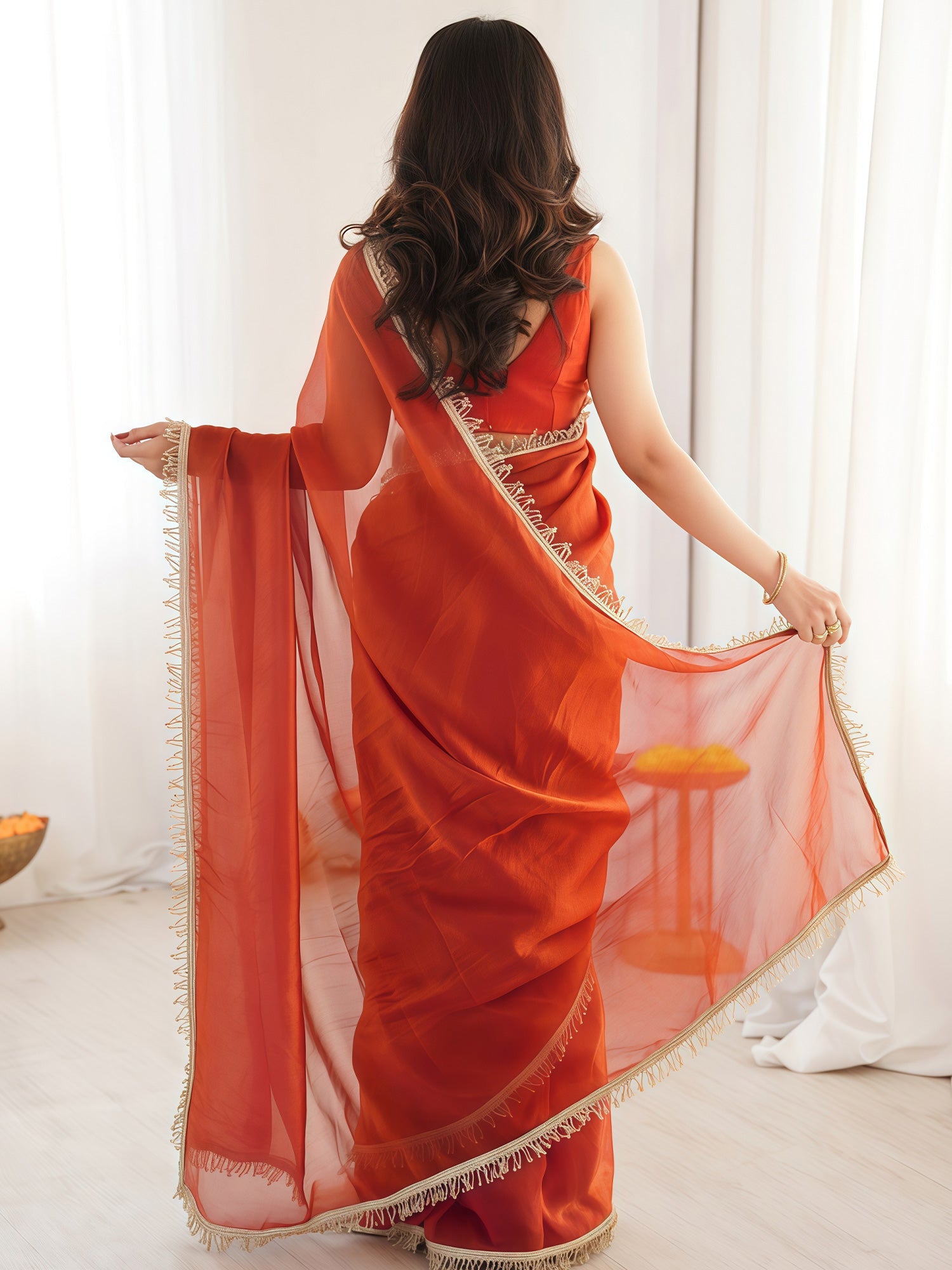 Rust Orange Organza Saree with Gold Fringe Border - Ressa