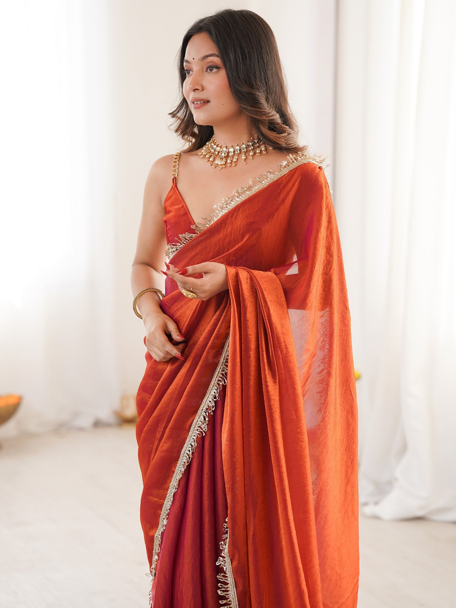 Rust Orange Organza Saree with Gold Fringe Border - Ressa