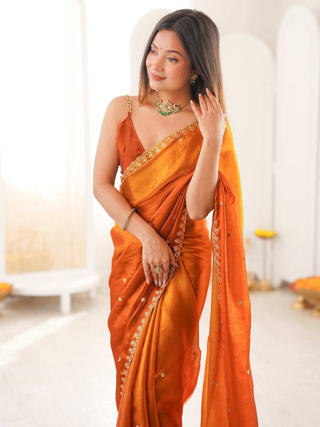 Rust Orange Paper Silk Saree - Ressa