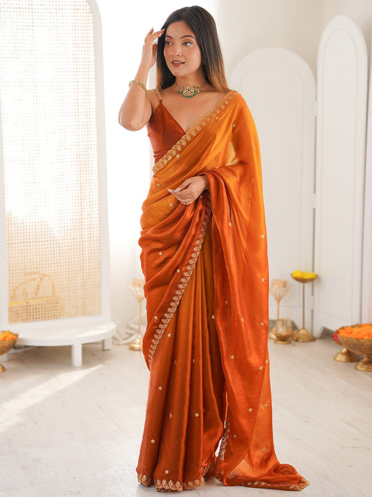 Rust Orange Paper Silk Saree - Ressa