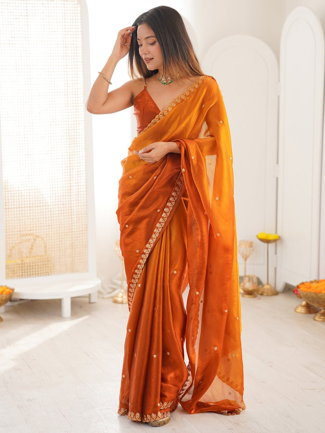 Rust Orange Paper Silk Saree - Ressa