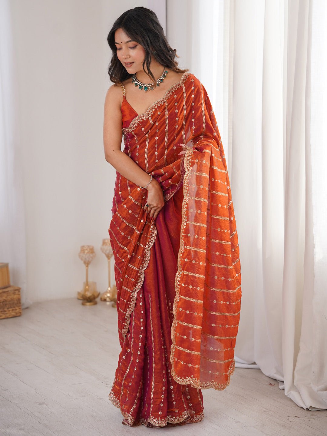 Rust Orange Satin Emblished Party Wear Saree - Ressa