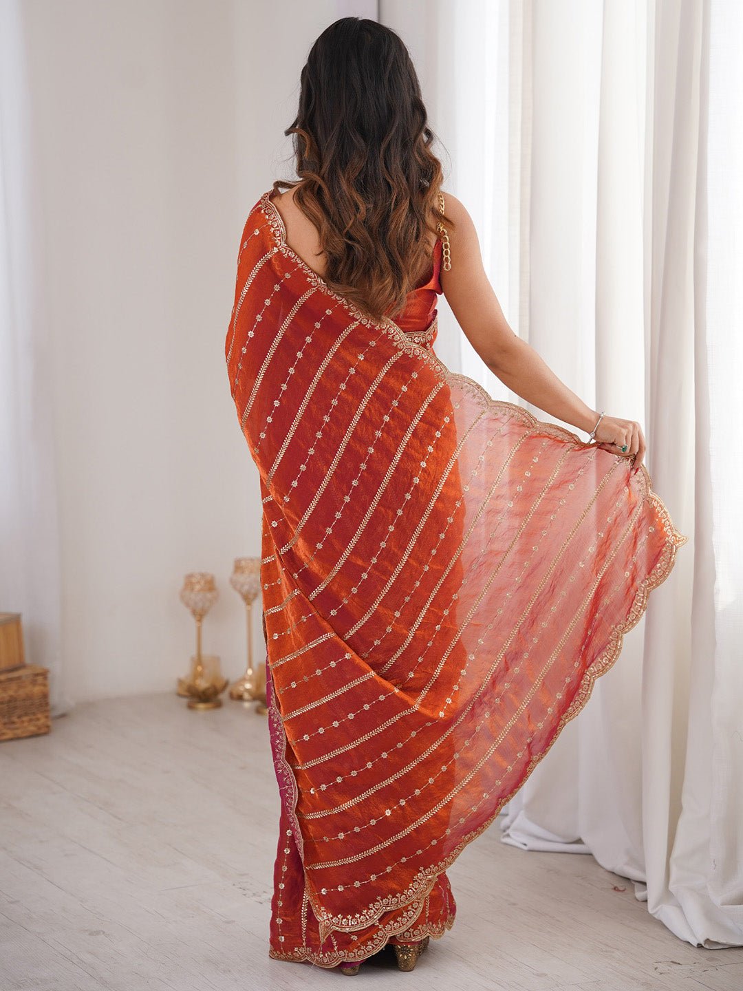 Rust Orange Satin Emblished Party Wear Saree - Ressa