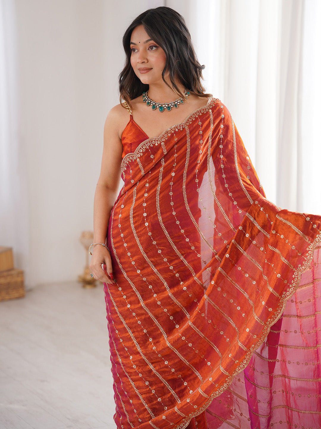 Rust Orange Satin Emblished Party Wear Saree - Ressa