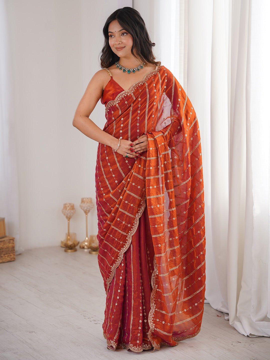Rust Orange Satin Emblished Party Wear Saree - Ressa