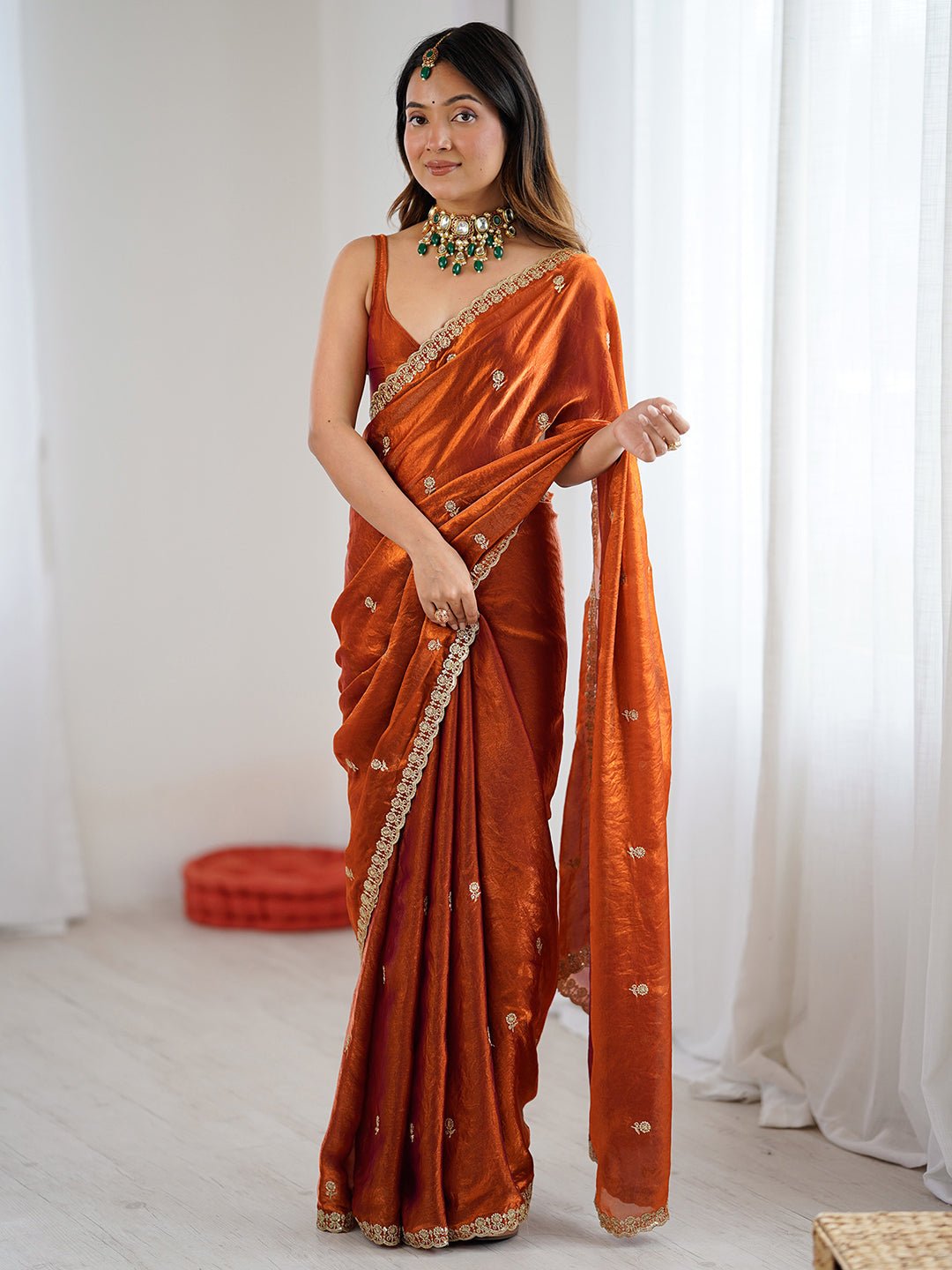 Rust Orange Satin Party Wear Saree - Ressa