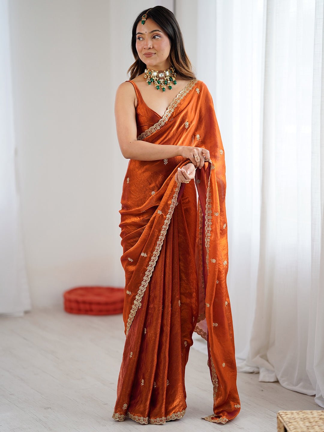 Rust Orange Satin Party Wear Saree - Ressa