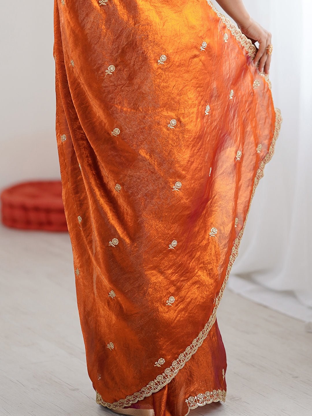 Rust Orange Satin Party Wear Saree - Ressa