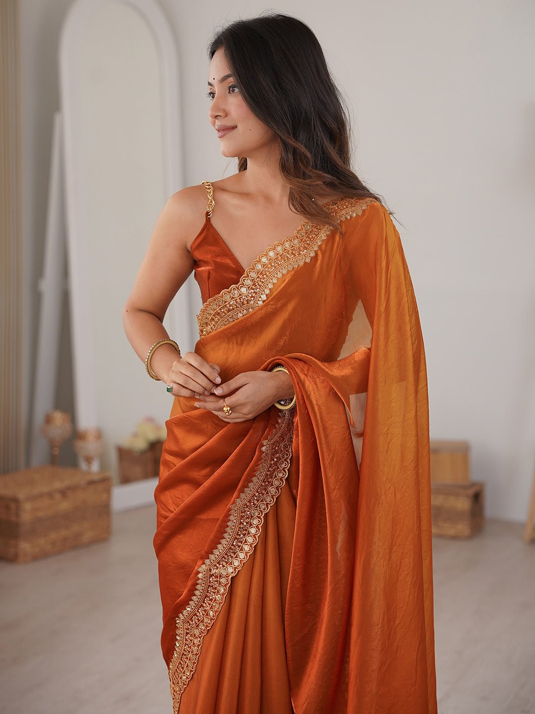 Rust Orange Satin Saree - Ressa