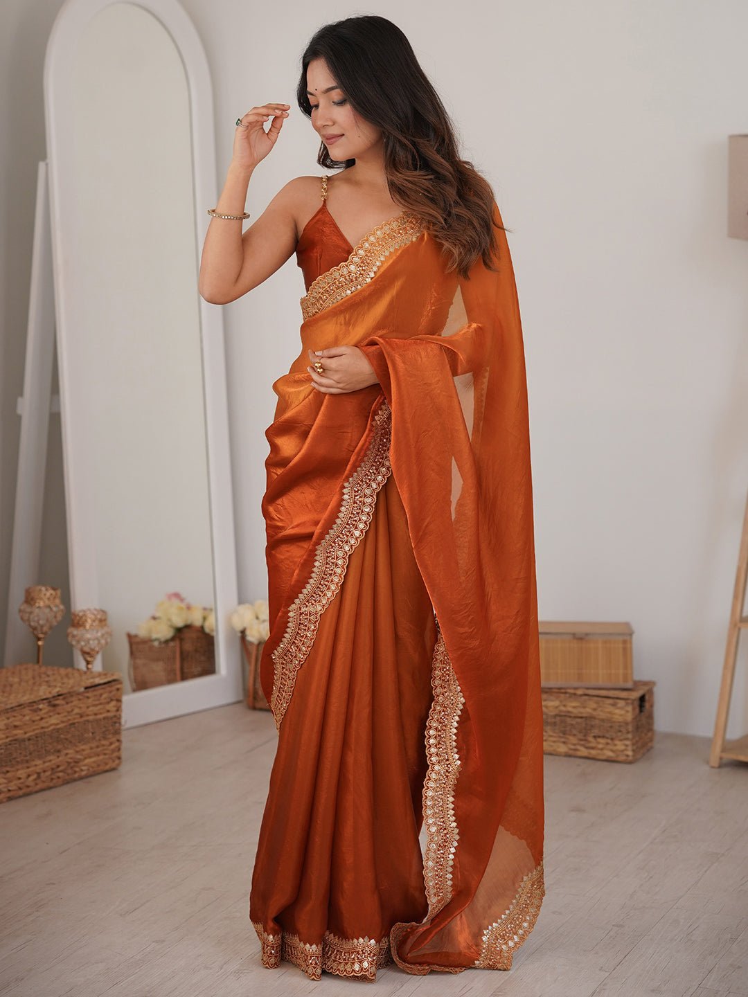 Rust Orange Satin Saree - Ressa