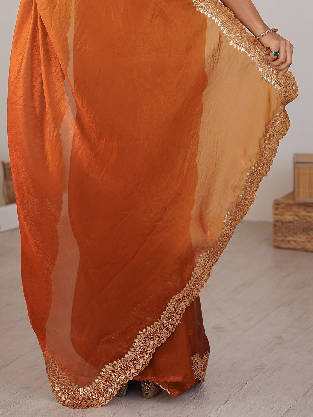 Rust Orange Satin Saree - Ressa