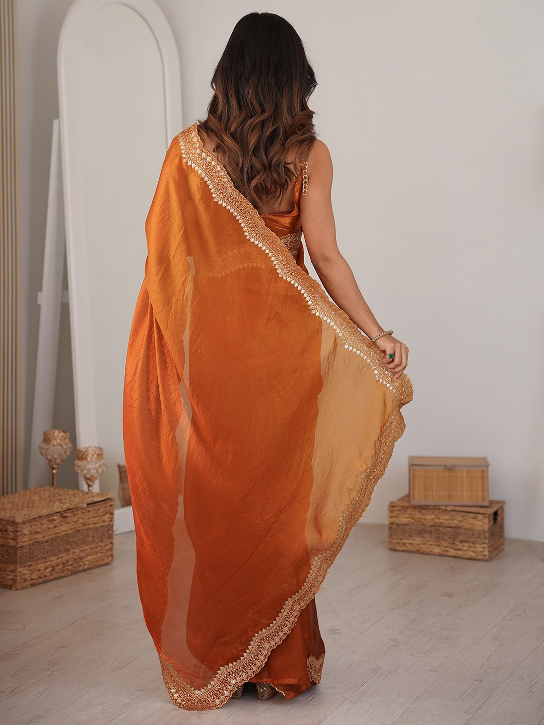 Rust Orange Satin Saree - Ressa