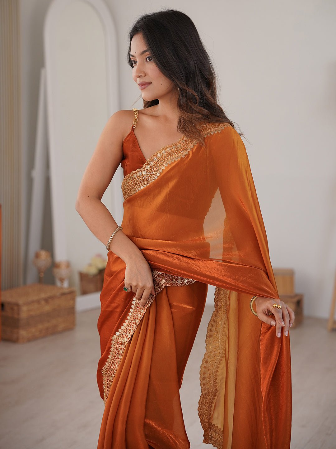 Rust Orange Satin Saree - Ressa
