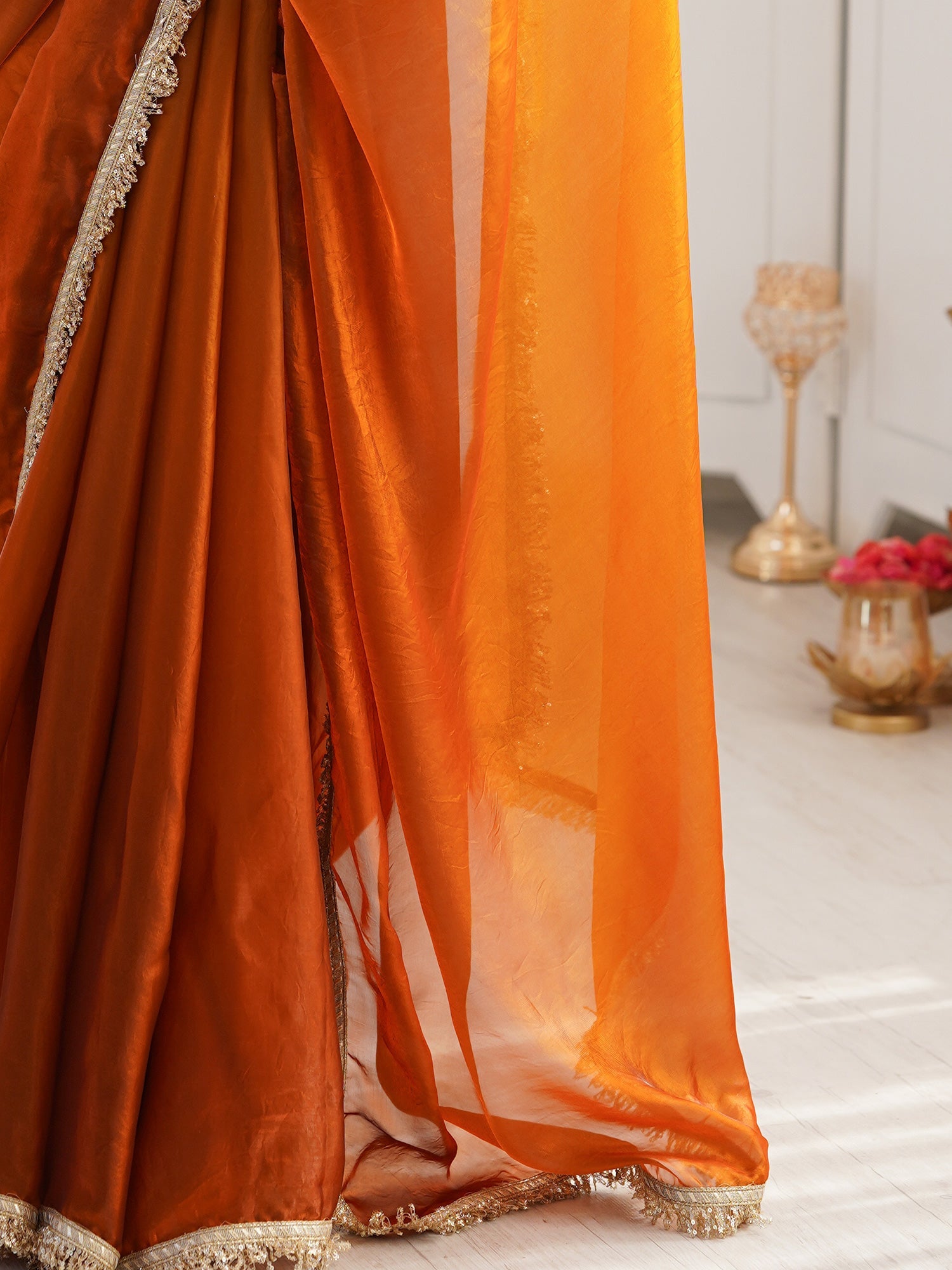 Rust Orange Shimmer Georgette Embroidery Scalloped Border Blouse Saree - Ressa