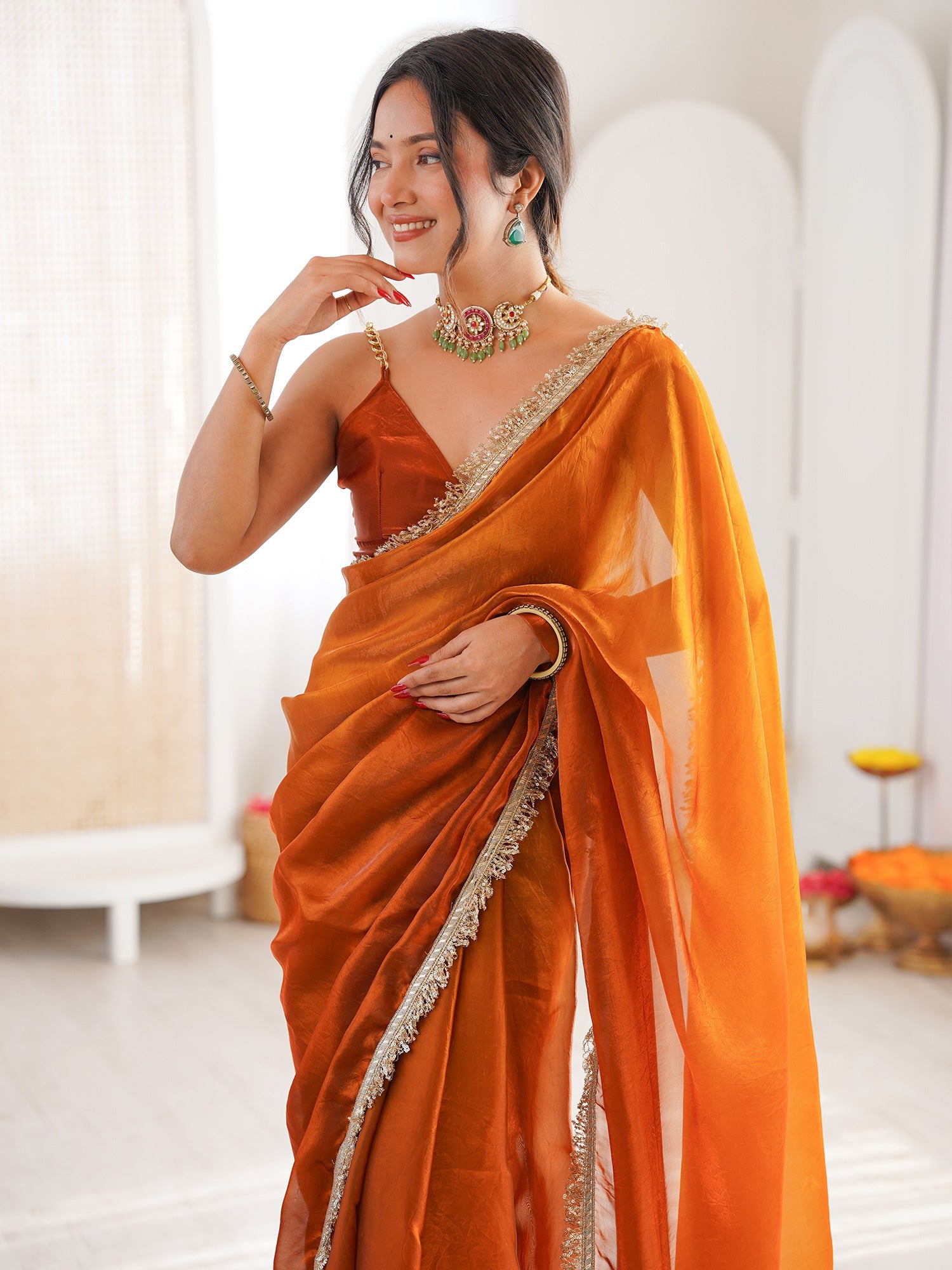 Rust Orange Shimmer Georgette Embroidery Scalloped Border Blouse Saree - Ressa