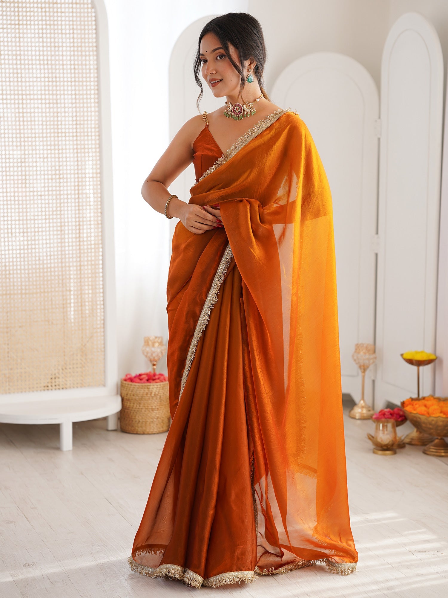 Rust Orange Shimmer Georgette Embroidery Scalloped Border Blouse Saree - Ressa