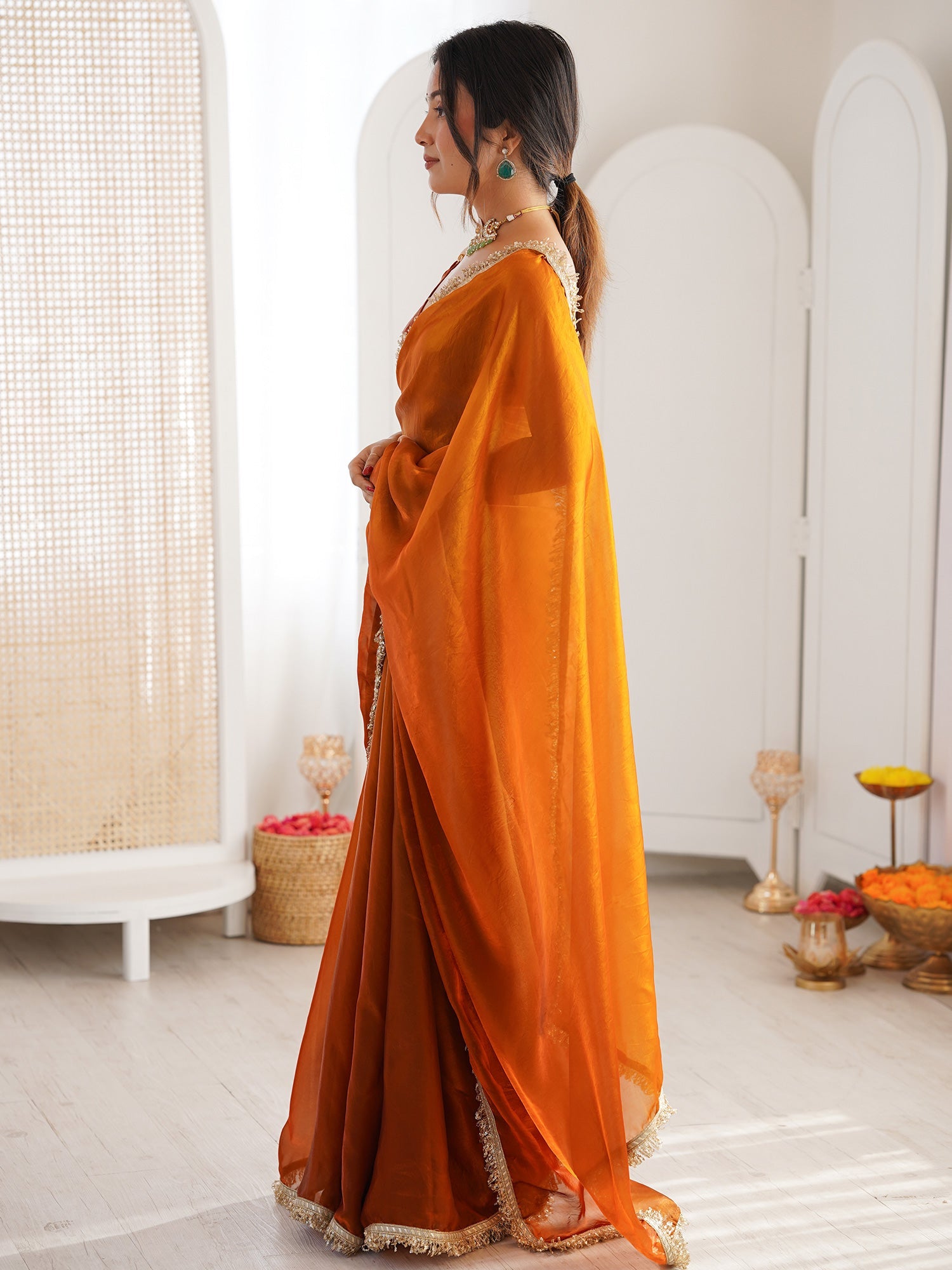 Rust Orange Shimmer Georgette Embroidery Scalloped Border Blouse Saree - Ressa
