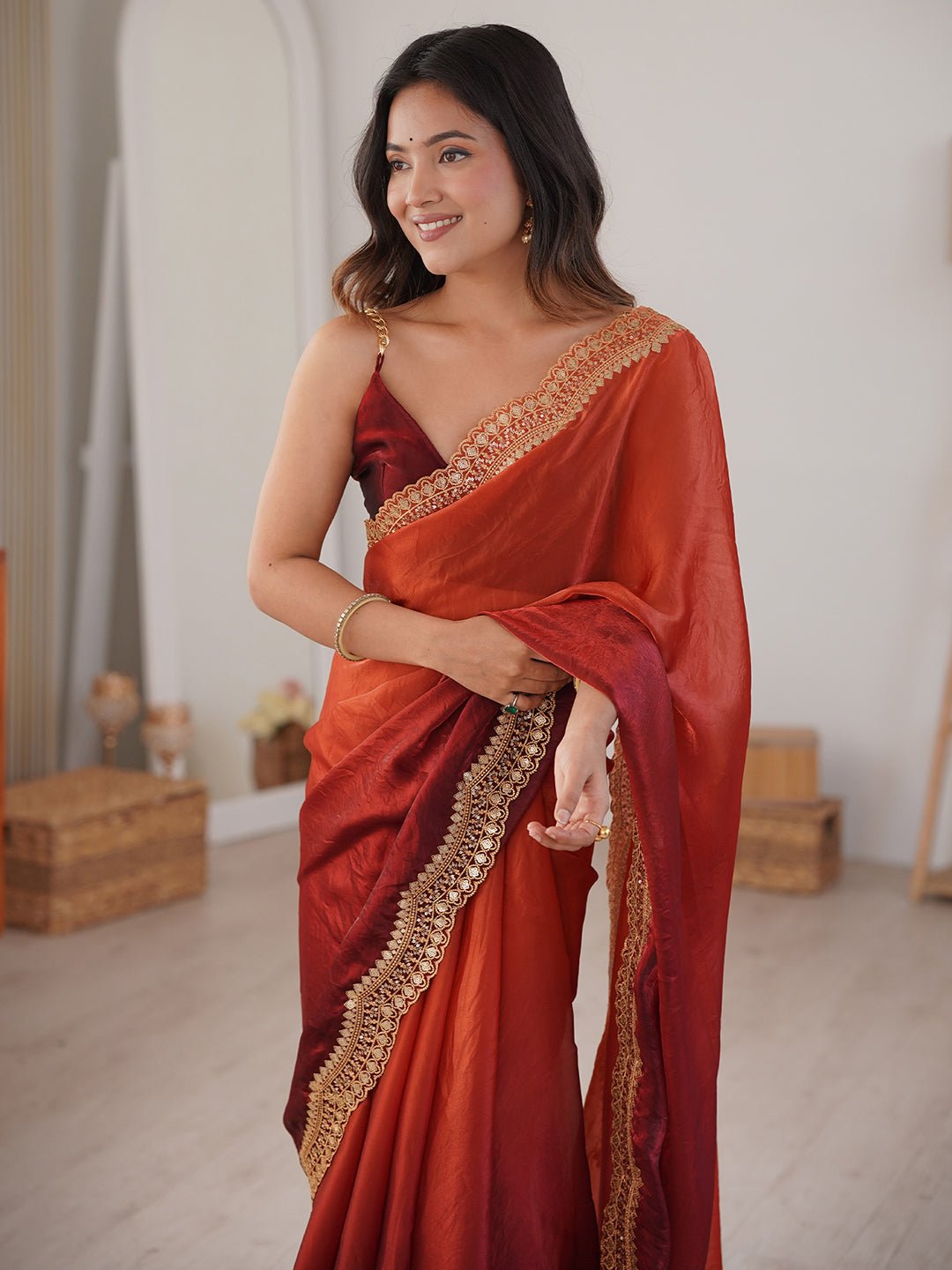 Rust Orange Shimmer Saree - Ressa
