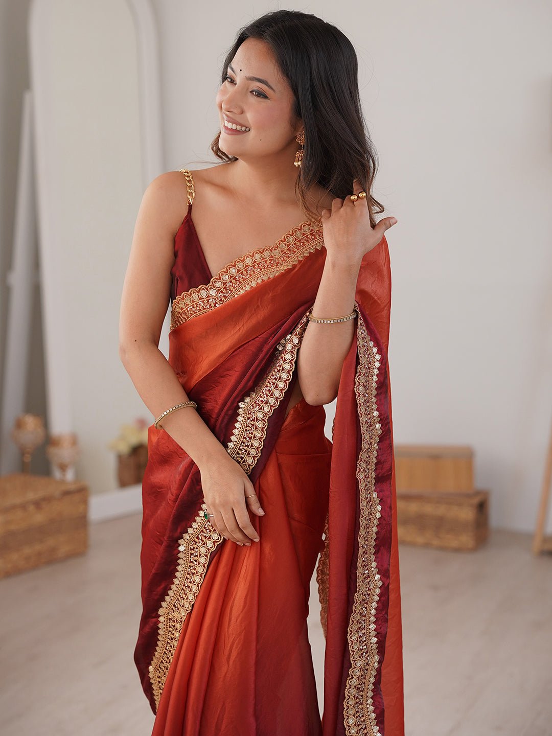 Rust Orange Shimmer Saree - Ressa