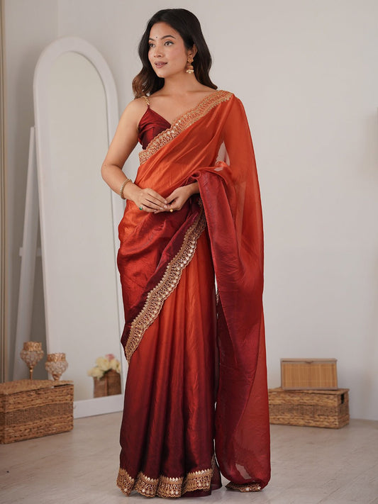 Rust Orange Shimmer Saree - Ressa