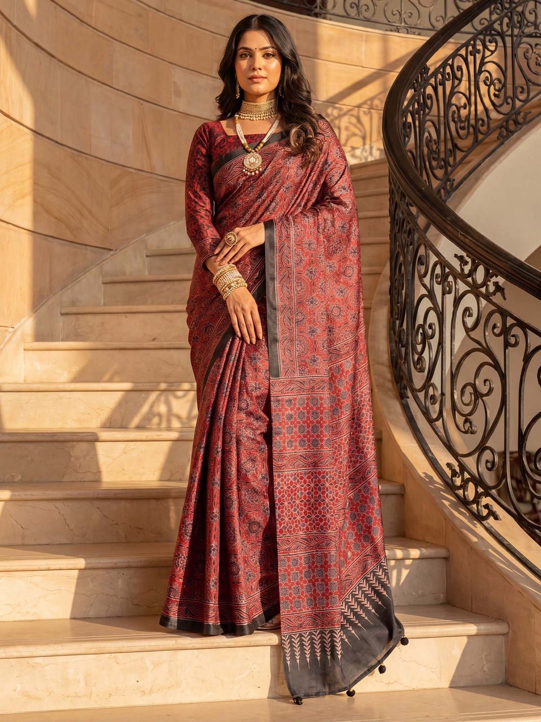 Rust Red Ajrakh Floral Printed Saree with Black Border - Ressa
